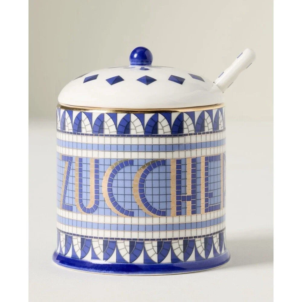 Anthropologie Bistro Tile Sugar Pot & Creamer Set Blue Gold Italia Stoneware NEW
